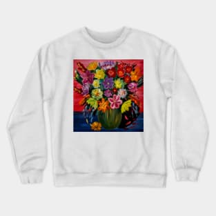 A beautiful bouquet of mixed flowers in a silver vase Crewneck Sweatshirt